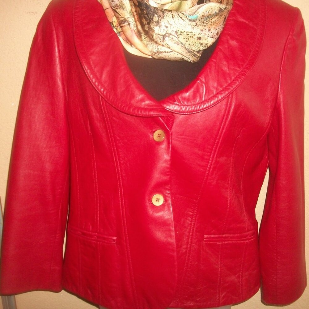 Vintage '90's❣ Anne Klein Lined Red-Leather Fitted Long Sleeve Jacket EUC